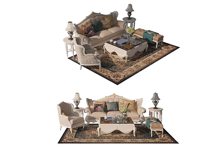 Classic Sofa And Coffee Table Set With Area Rug Side Table And Lamps 3d model