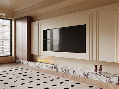 Elegant TV Wall With White Cabinets Wooden Panels Built-in TV And Marble Countertop 3d model