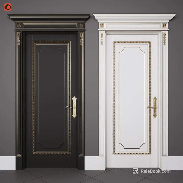 Classic Hinged Doors with Black and White Finishes Gold Accent Frames and Handles Design 3d model 