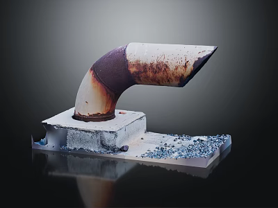 Rusty Pipe Elbow Mounted On Concrete Base With Small Metal Pieces Around 3d model