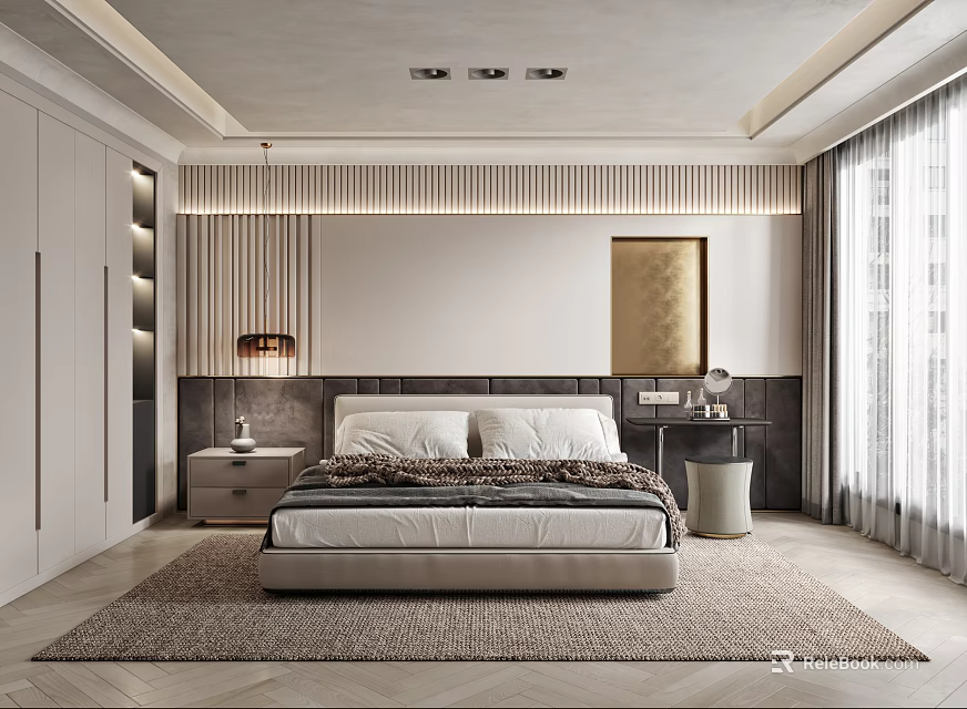 Modern Bedroom Interior Design With Striped Wall Headboard Golden Artwork And Herringbone Rug 3d model 