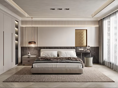 Modern Bedroom Interior Design With Striped Wall Headboard Golden Artwork And Herringbone Rug 3d model
