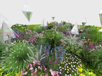Colorful Flowers and Plants in Garden with Transparent Geometric Pyramids and Various Blooms 3d model