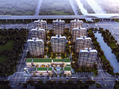 Aerial View of Modern Residential Complex With High Rise Buildings River and Green Spaces 3d model