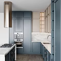 Modern Kitchen Interior With Light Brown Dark Blue Cabinets Marble Backsplash And Island Counter
