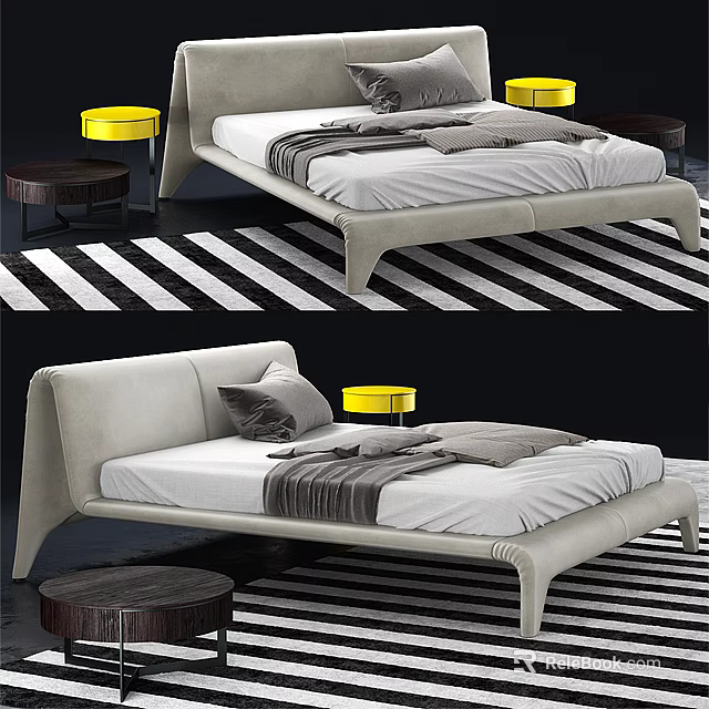 Modern Double Bed with Gray Pillows Blanket Yellow Side Tables and Black White Striped Rug 3d model 