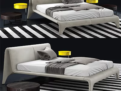 Modern Double Bed with Gray Pillows Blanket Yellow Side Tables and Black White Striped Rug 3d model