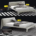 Modern Double Bed with Gray Pillows Blanket Yellow Side Tables and Black White Striped Rug