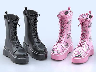 Stylish Black and Pink Platform Boots with Floral Print and Lace Up Design 3d model Stylish Black and Pink Platform Boots with Floral Print and Lace Up Design 3d model