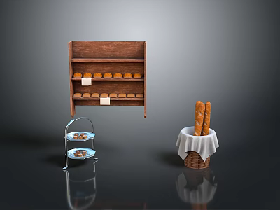 Wooden Bread Shelf With Buns Three Tier Pastry Stand And Baguettes In Cloth Covered Basket 3d model