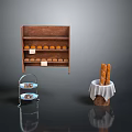 Wooden Bread Shelf With Buns Three Tier Pastry Stand And Baguettes In Cloth Covered Basket