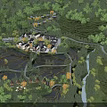 Aerial Planning of Rural Village With Terraces River And Surrounding Forest Lit Buildings