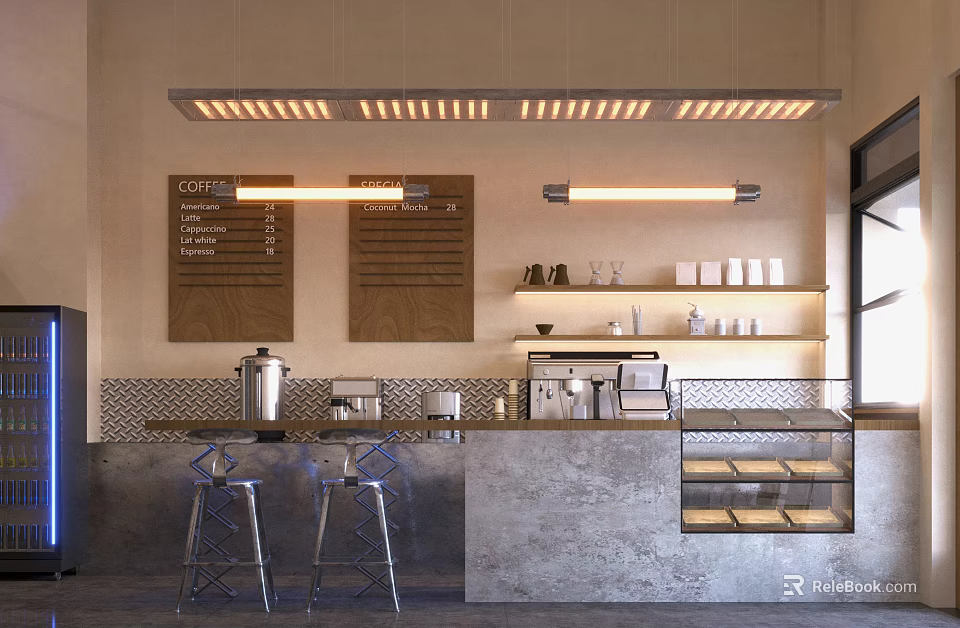 Modern Cafe Interior With Bar Counter Stools Menu Boards And Lighting 3d model 