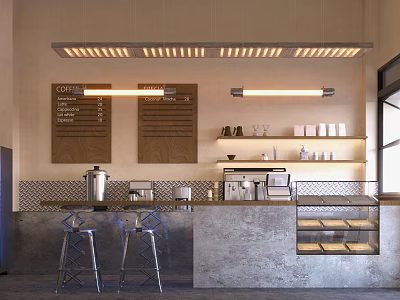 Modern Cafe Interior With Bar Counter Stools Menu Boards And Lighting 3d model