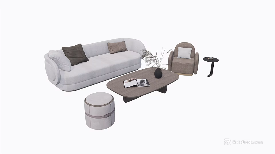 Modern Light Gray Sofa and Coffee Table Set with Cushions Ottoman Side Table and Decorations 3d model