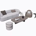 Modern Light Gray Sofa and Coffee Table Set with Cushions Ottoman Side Table and Decorations 3d model