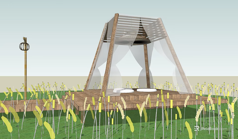 Wooden Frame Tent With Transparent Curtains On Wooden Platform In Grassland With Yellow Plants 3d model 