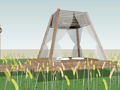 Wooden Frame Tent With Transparent Curtains On Wooden Platform In Grassland With Yellow Plants 3d model