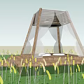 Wooden Frame Tent With Transparent Curtains On Wooden Platform In Grassland With Yellow Plants
