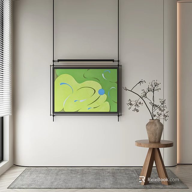 Green And Blue Accents Abstract Painting Wall Hung Near Side Table With Vase And Twigs 3d model 