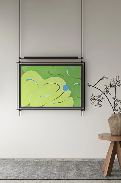 Green And Blue Accents Abstract Painting Wall Hung Near Side Table With Vase And Twigs 3d model