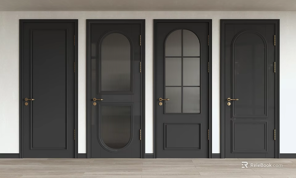 Black Swing Doors With Glass Panels And Metal Handles In Various Styles 3d model 