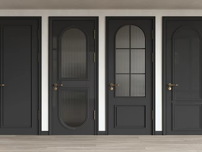 Black Swing Doors With Glass Panels And Metal Handles In Various Styles 3d model