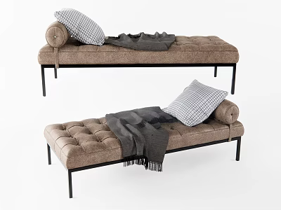 Brown Tufted Ottoman With Plaid Cushion Gray Throw And Black Legs 3d model