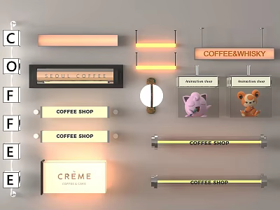 Illuminated Coffee Shop Signage Collection With Various Brand Names And Styles 3d model