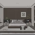 Double Bed Featuring Brown Leather Headboard Striped Bedspread Decorative Pillows Bedside Tables And Striped Rug