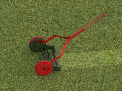Hand Pushed Agricultural Equipment With Red Wheels On Green Grass Lawn Maintenance Tool 3d model