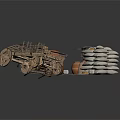 Rustic Wooden Cart With Cage And Crate Filled With Items And Stacked Sandbags