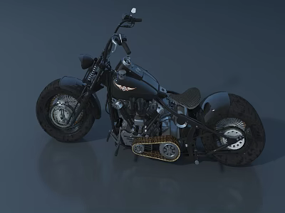 Black Custom Motorcycle with Big Tires Single Seat and Shiny Gold Chain 3d model