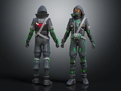 Detailed Futuristic Character Design Featuring Black Protective Suits With Green Accents And Hooded Helmets 3d model