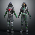 Detailed Futuristic Character Design Featuring Black Protective Suits With Green Accents And Hooded Helmets