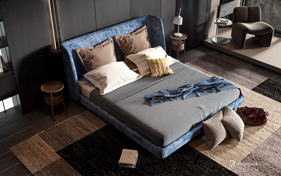 Stylish Blue Double Bed with Neutral Yellow Pillows Cozy Foot Blanket Side Table and Rug 3d model 