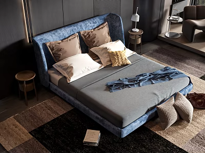 Stylish Blue Double Bed with Neutral Yellow Pillows Cozy Foot Blanket Side Table and Rug 3d model