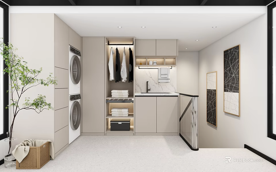 Modern Laundry Room Interior Design With Washing Machine Dryer Hanging Clothes Storage And Decorative Paintings 3d model 