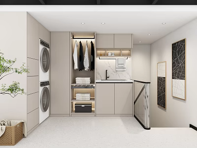 Modern Laundry Room Interior Design With Washing Machine Dryer Hanging Clothes Storage And Decorative Paintings 3d model