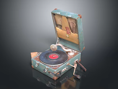Vintage Gramophone With Green Case Open Lid Vinyl Record And Brass Horn 3d model