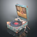 Vintage Gramophone With Green Case Open Lid Vinyl Record And Brass Horn
