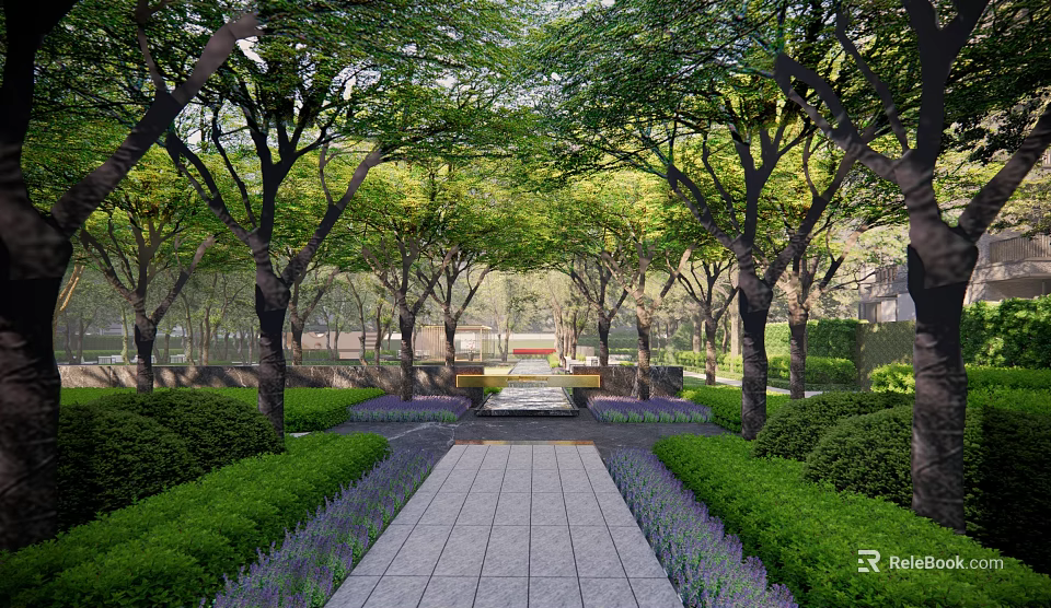 Residential Landscape With Stone Pathway Lined By Lush Greenery Purple Flowers And Canopy Of Trees 3d model 