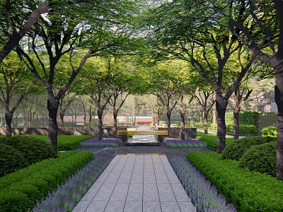 Residential Landscape With Stone Pathway Lined By Lush Greenery Purple Flowers And Canopy Of Trees 3d model