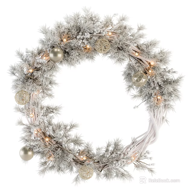 Silver Christmas Wreath With Decorative Balls Warm Lights And Pine Branches 3d model 