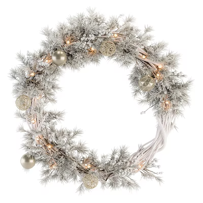 Silver Christmas Wreath With Decorative Balls Warm Lights And Pine Branches 3d model