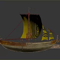 Model Boat With Yellow Sail Black Wave Spiral Patterns Wooden Hull Red Masts And Oars