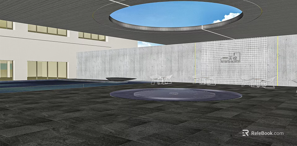 Modern Sales Office Building With Circular Skylight Stone Wall And Open Outdoor Space 3d model 