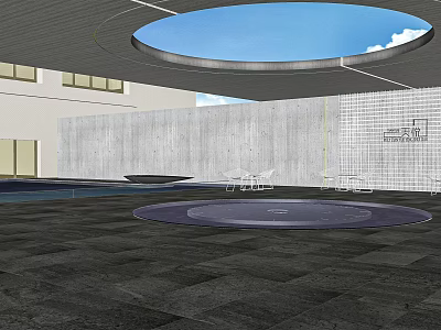 Modern Sales Office Building With Circular Skylight Stone Wall And Open Outdoor Space 3d model