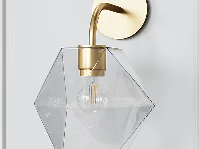 Modern Brass Wall Sconce with Transparent Diamond Shaped Glass Shade and Clear Bulb 3d model