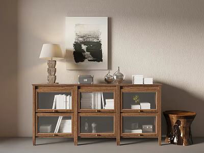 Modern Wooden Bookcase Interior With Books Table Lamp Artwork Vase And Small Stool 3d model